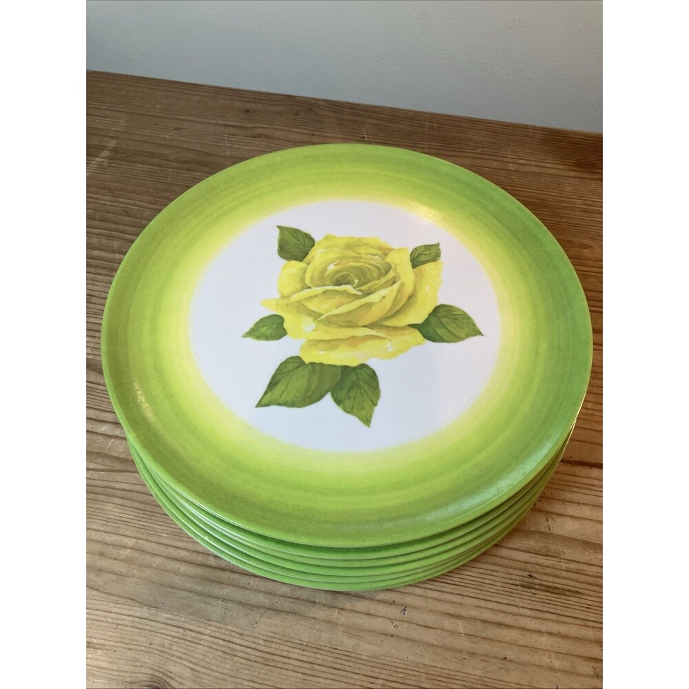 Vintage Yellow Rose Lime Green Ombré Melamine Dinner plates Set Of 8 Bbq Picnic